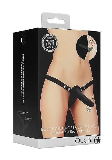 Ouch! Dvojité vibračné silikónové pripínacie dildo strap-on (čierne)