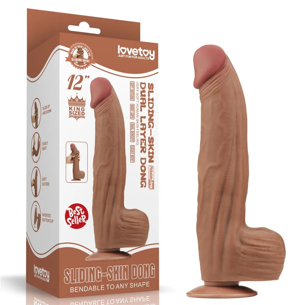 Dildo 12'' King Sized Sliding Skin Dual Layer Dong, hnedé