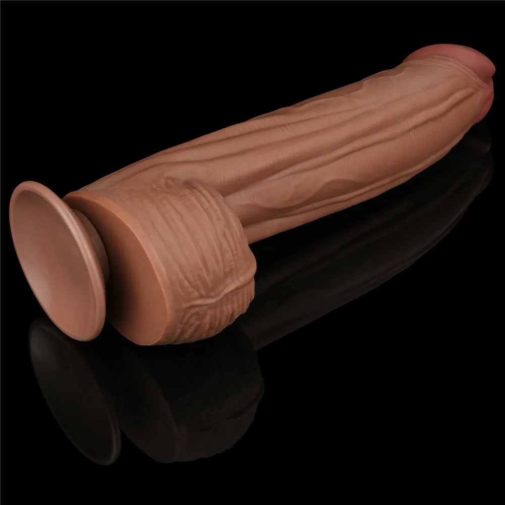 Dildo 12'' King Sized Sliding Skin Dual Layer Dong, hnedé – Obrázok 5