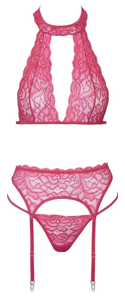Cottelli Lingerie – čipková súprava s podväzkovým pásom (ružová) – Obrázok 2