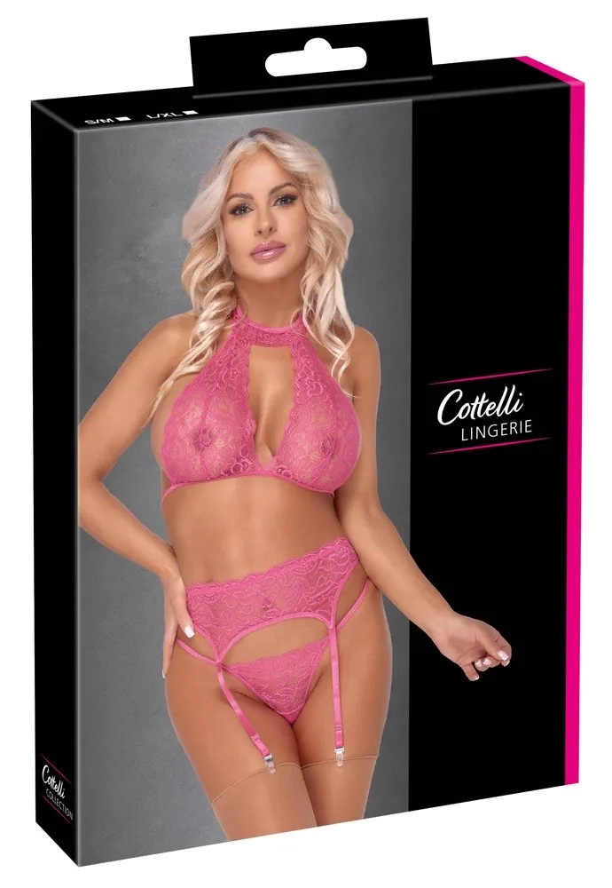 Cottelli Lingerie – čipková súprava s podväzkovým pásom (ružová)