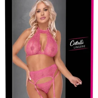Cottelli Lingerie – čipková súprava s podväzkovým pásom (ružová)