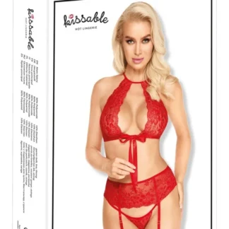 Kissable – čipková súprava s podväzkovým pásom (červená)