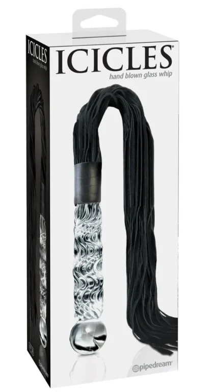 Sklenené dildo s koženými strapcami