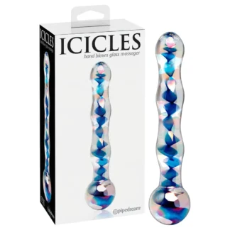 Icicles No. 08 - dvojitý sklenený dildo - vlnitý tvar - číro-modrý