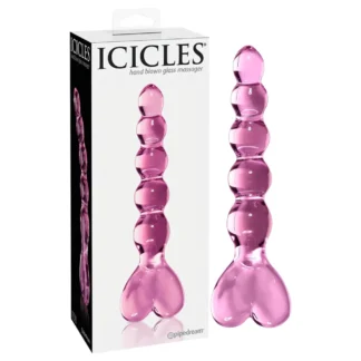 Icicles No. 43 - sklenené dildo s perličkami a srdiečkami - ružové