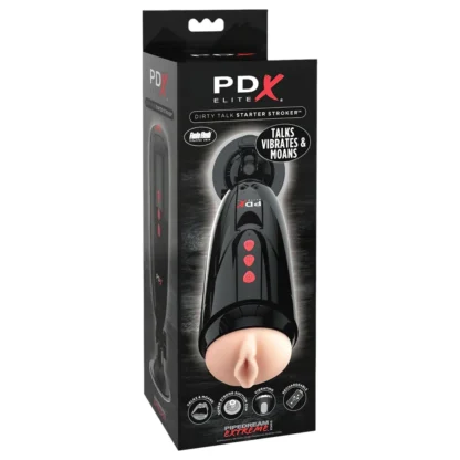 PDX Elite Dirty Talk - vibrujúci umelý vaginálny masturbátor (čierny)