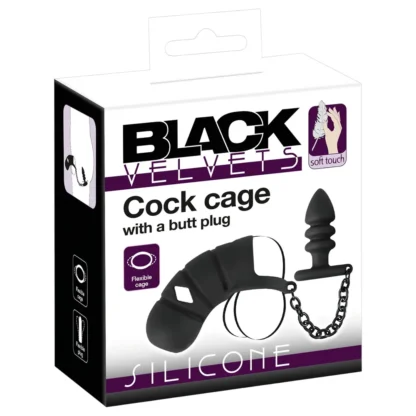 Black Velvets - silikónová klietka na penis s análnym kolíkom (čierna)