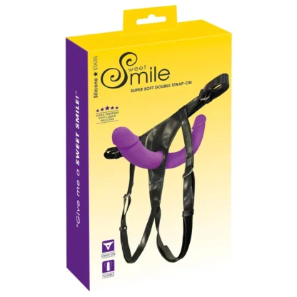 SMILE - pripínací dvojité dildo s popruhmi - silikón - fialovo-čierne