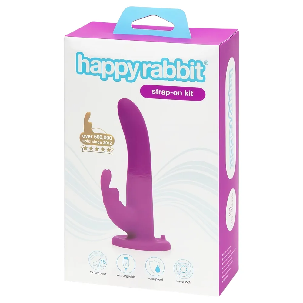 Happyrabbit - strap-on vibrátor pre dvojice - zajačik - fialový