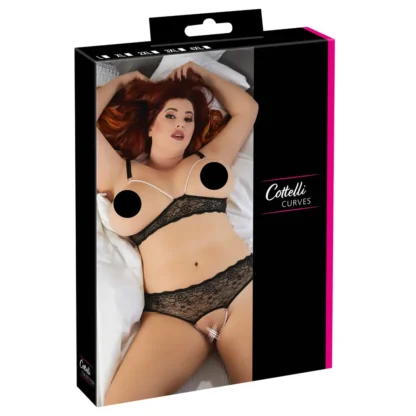 Cottelli Plus Size - podprsenka a nohavičky s perlami - čierne