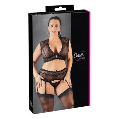 Cottelli Plus Size - súprava spodnej bielizne s kamienkami a čipkou (čierna)