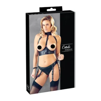 Cottelli Bondage - lesklý podprsenkový set s putami - čierny