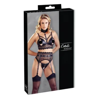 Cottelli Bondage - čipkový spodný set s putami (čierny)