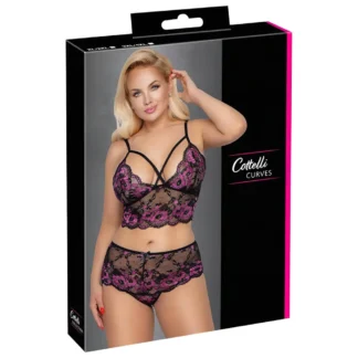 Cottelli Plus Size - kvetinový set podprsenky (čierno-fialový)