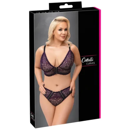 Cottelli Plus Size - priesvitný vzorovaný podprsenkový set (fialový)