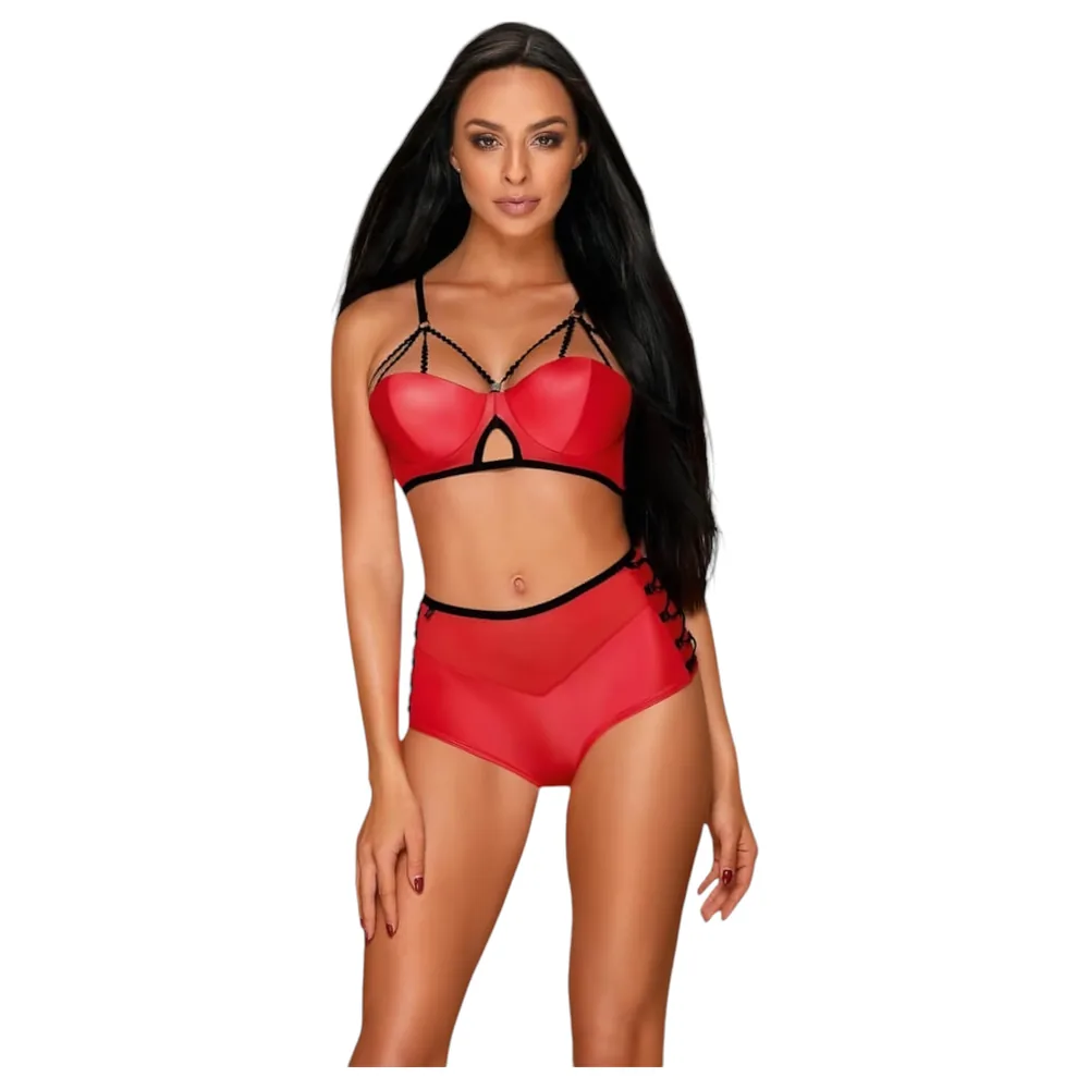 Obsessive Leatheria - kožený vzhľad podprsenkový set (červený) - S/M