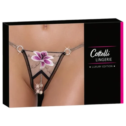 Cottelli - tangá luxus vyšívaný ľaliou - čierno-biela