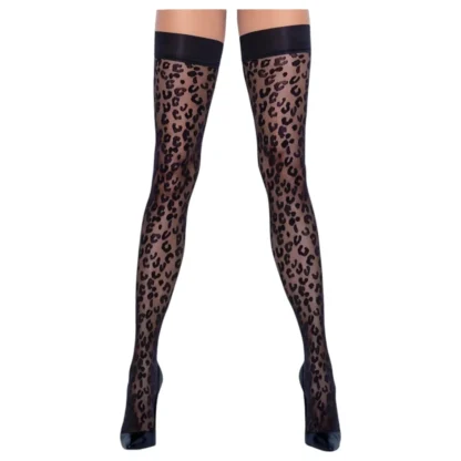 Cottelli Legwear - samodržiace pančuchy - leopard vzor - čierne