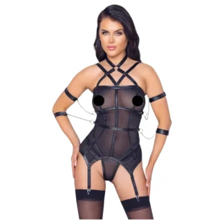 Cottelli Bondage - popruhový top, putá na ruky a tangá (čierne)