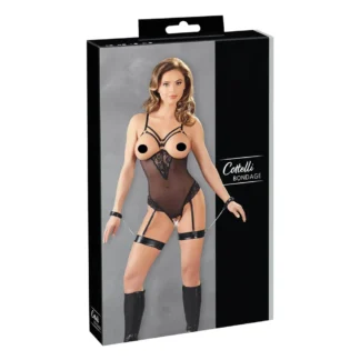 Cottelli Bondage - body s kovovými krúžkami a putami na ruky - čierna