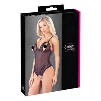 Cottelli - otvorené body s čipkou a perličkami - čierne