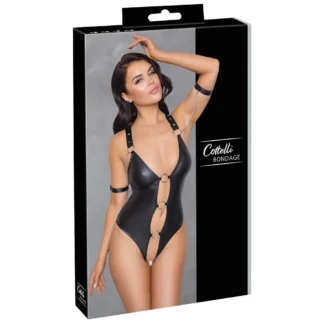 Cottelli Bondage - otvorený lesklý body s krúžkami - čierny