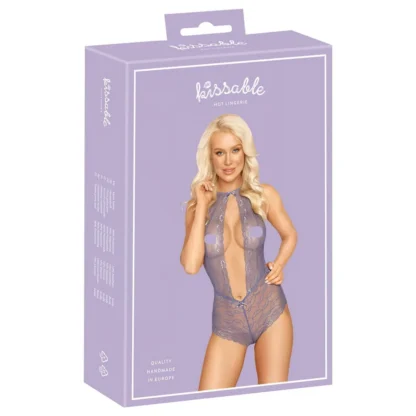 Kissable - čipkované body s golierom na krk - fialová