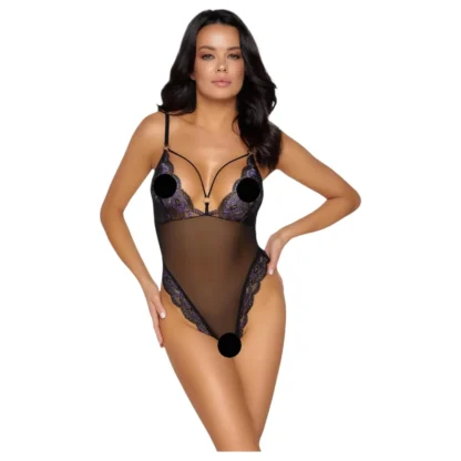 Cottelli - dámske otvorené čipkované body s výšivkou - čierna/fialová