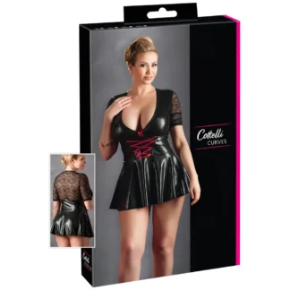 Cottelli Plus Size - lesklé šaty s červeným korzetom - čierne