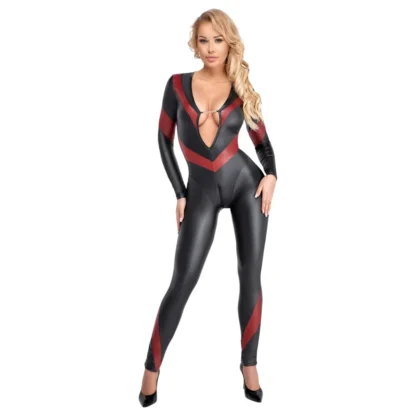 Cottelli - catsuit s efektom kože - zips - čierny