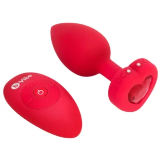 b-Vibe heart - akumulátorový, rádiový análny vibrátor (červený)
