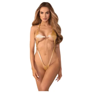 Obsessive Anyya - body s remeňmi s reťazovým koženým efektom (zlaté)