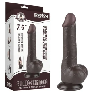Lovetoy - realistický dvojvrstvový dildo s semenníkmi - 19,5 cm - hnedý