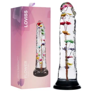 LOVISS Flower - sklenený dildo s kvetinovým vzorom (priehľadný)