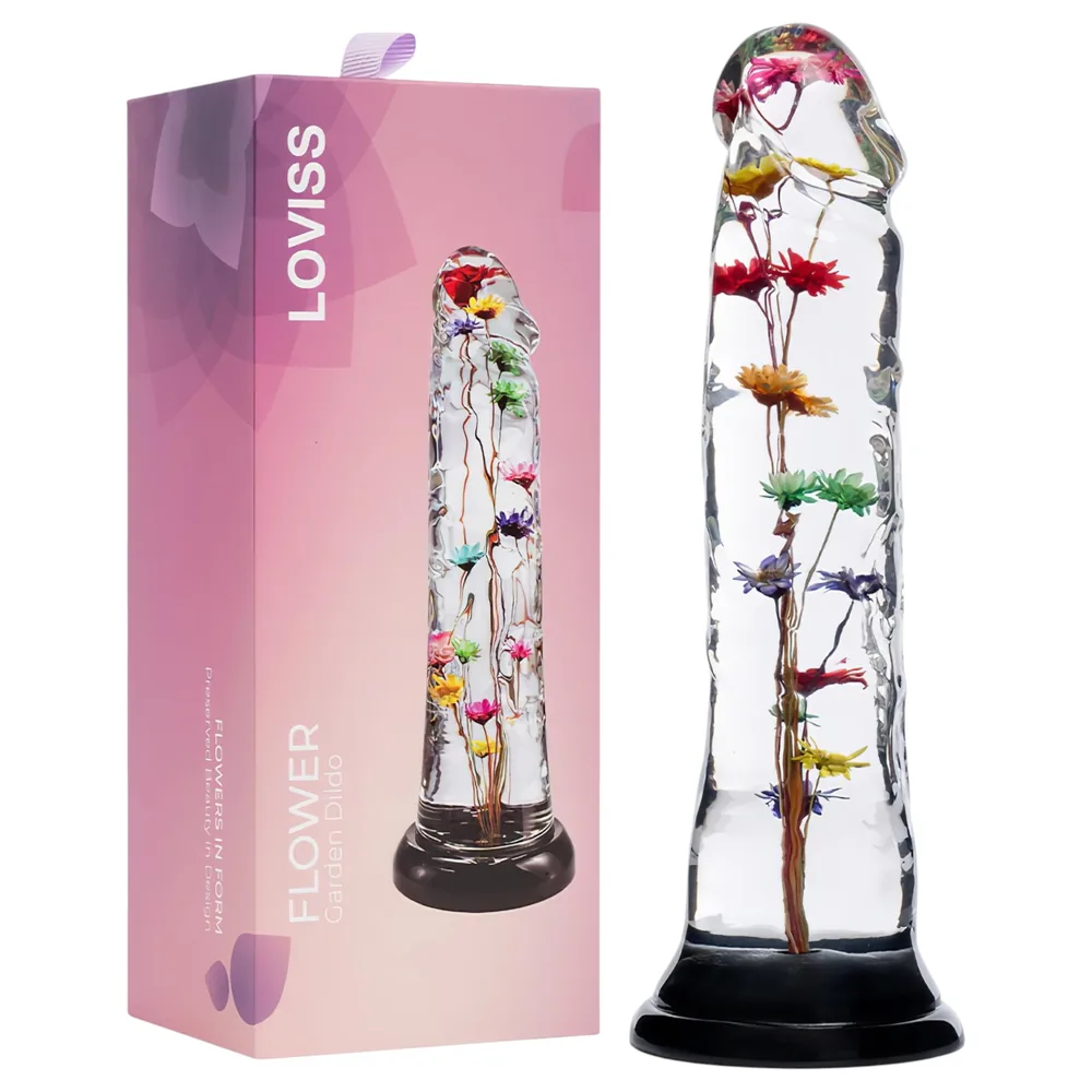 LOVISS Flower - sklenený dildo s kvetinovým vzorom (priehľadný)