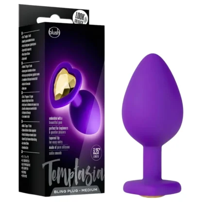 Temptasia M - análny dildo srdce so zlatým kameňom - fialový - stredný
