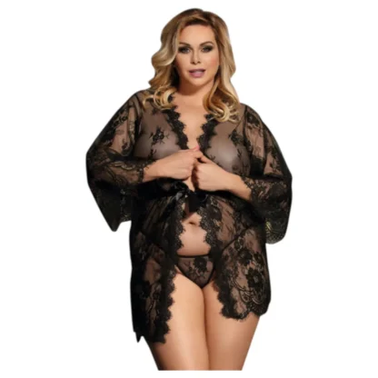 Subblime Queen Plus - čipkový župan set - čierny - XL-2XL