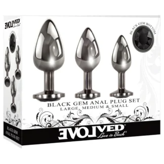 Evolved Black Gem - kovový análny kolík set, s čiernym kameňom (strieborný)