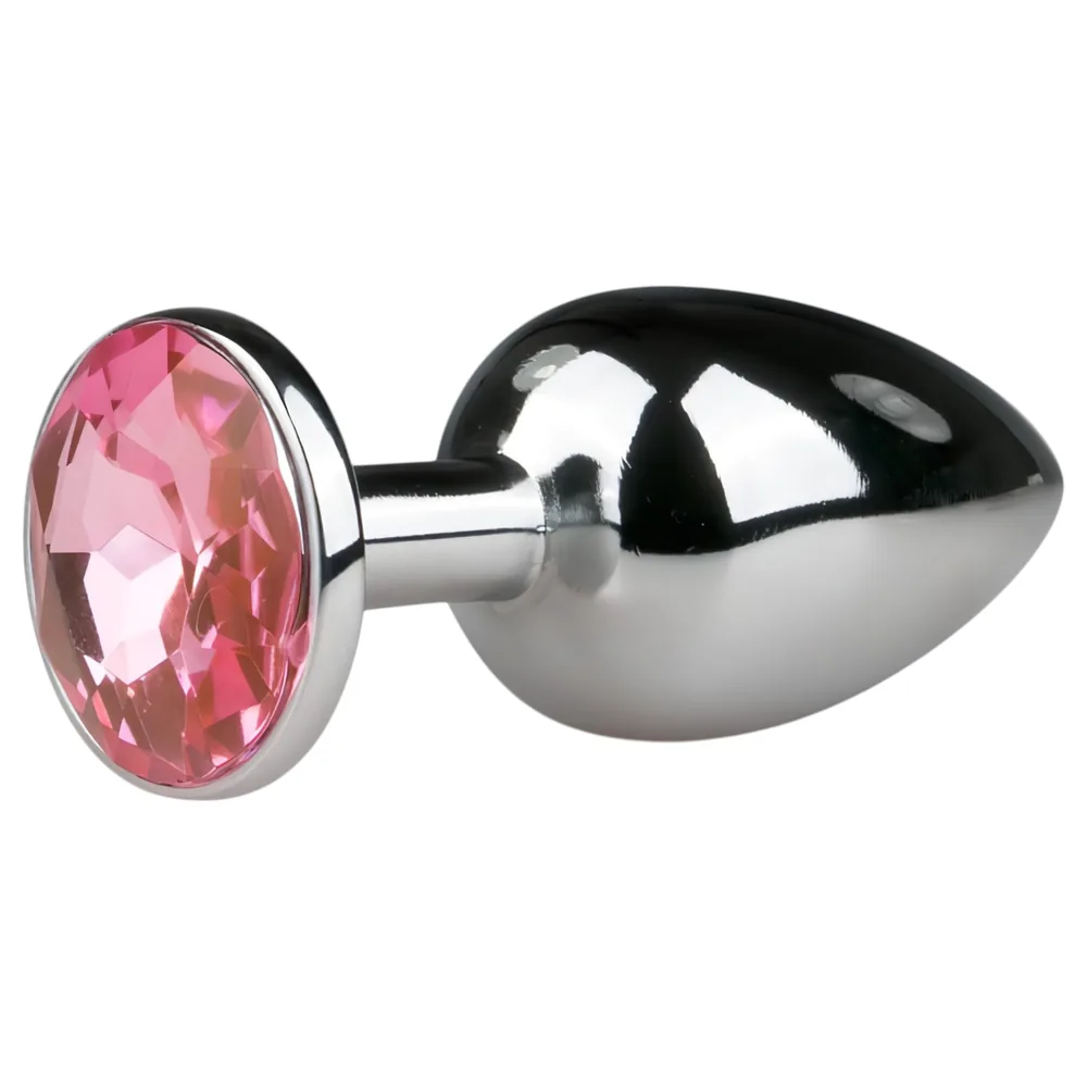 EasyToys Metal No.1 - análny kolík v tvare kužeľa s ružovým kameňom (strieborný, 2,7 cm)