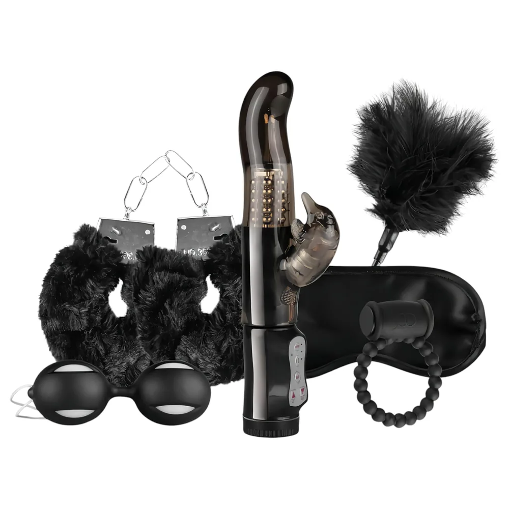 LoveBoxxx - sada na bondage s vibrátorom - čierna, 6-dielna