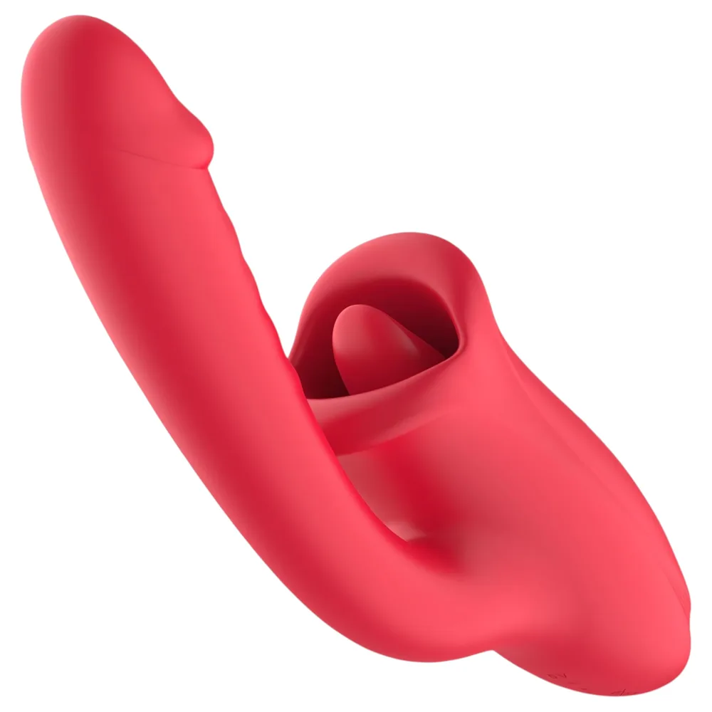 Teazers - vibračné dildo s jazýčkovým klitorálnym stimulátorom (červené)