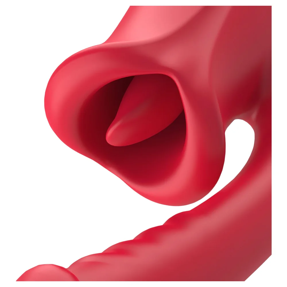 Teazers - vibračné dildo s jazýčkovým klitorálnym stimulátorom (červené) – Obrázok 2