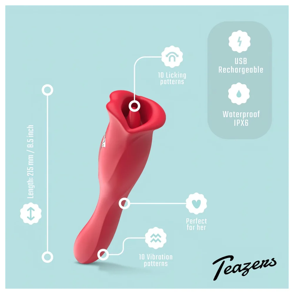 Teazers - obojstranný vibrátor s jazýčkovým stimulátorom klitorisu (červený) – Obrázok 4