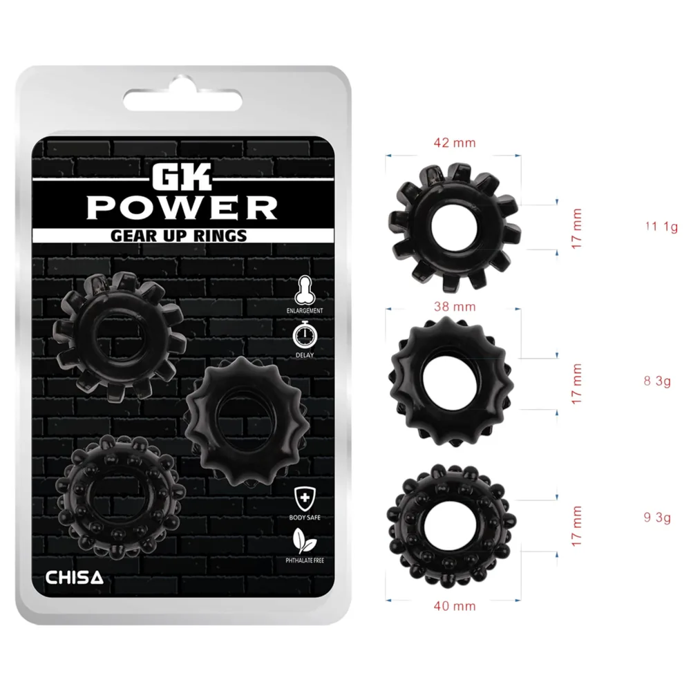 GK Power Gear Up - sada krúžkov na penis s ozubeným kolieskom (čierna) – Obrázok 6